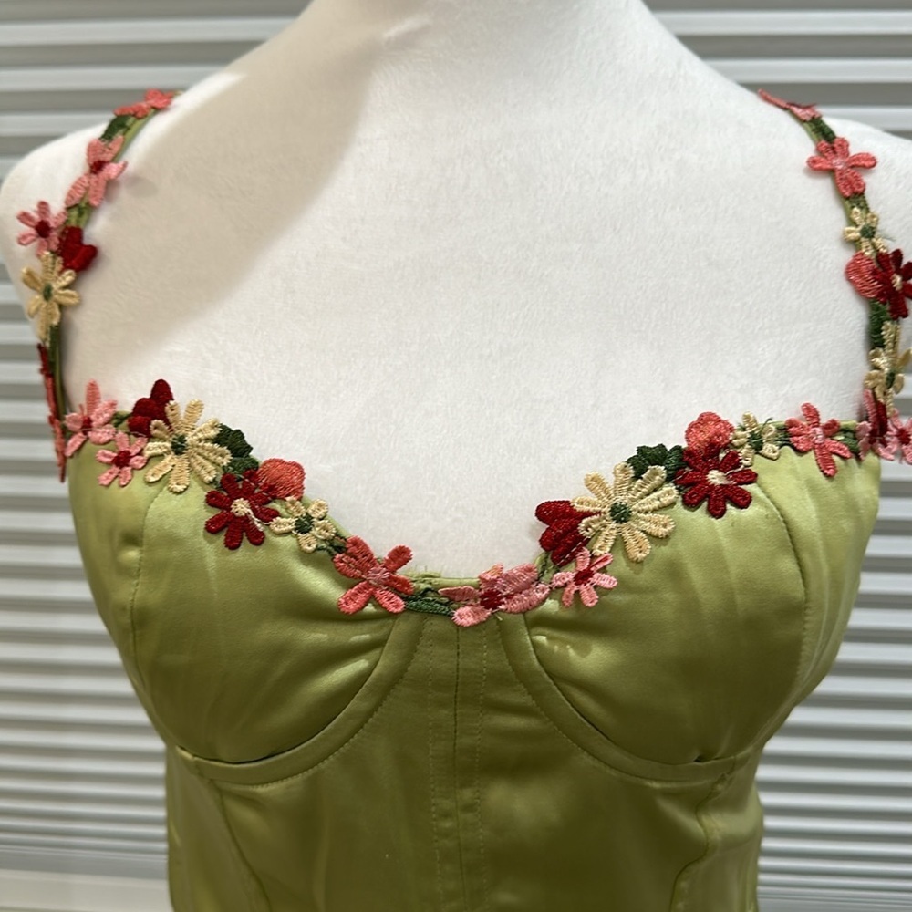 White Fox Green Satin & Embroidered Dress - Picture 7 of 13